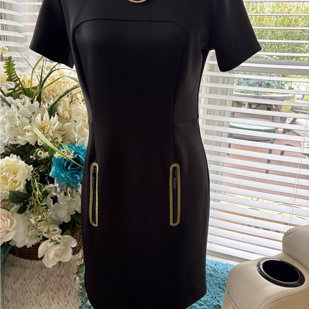 Michael Kors Black Mini Dress with Green Zipper Accents